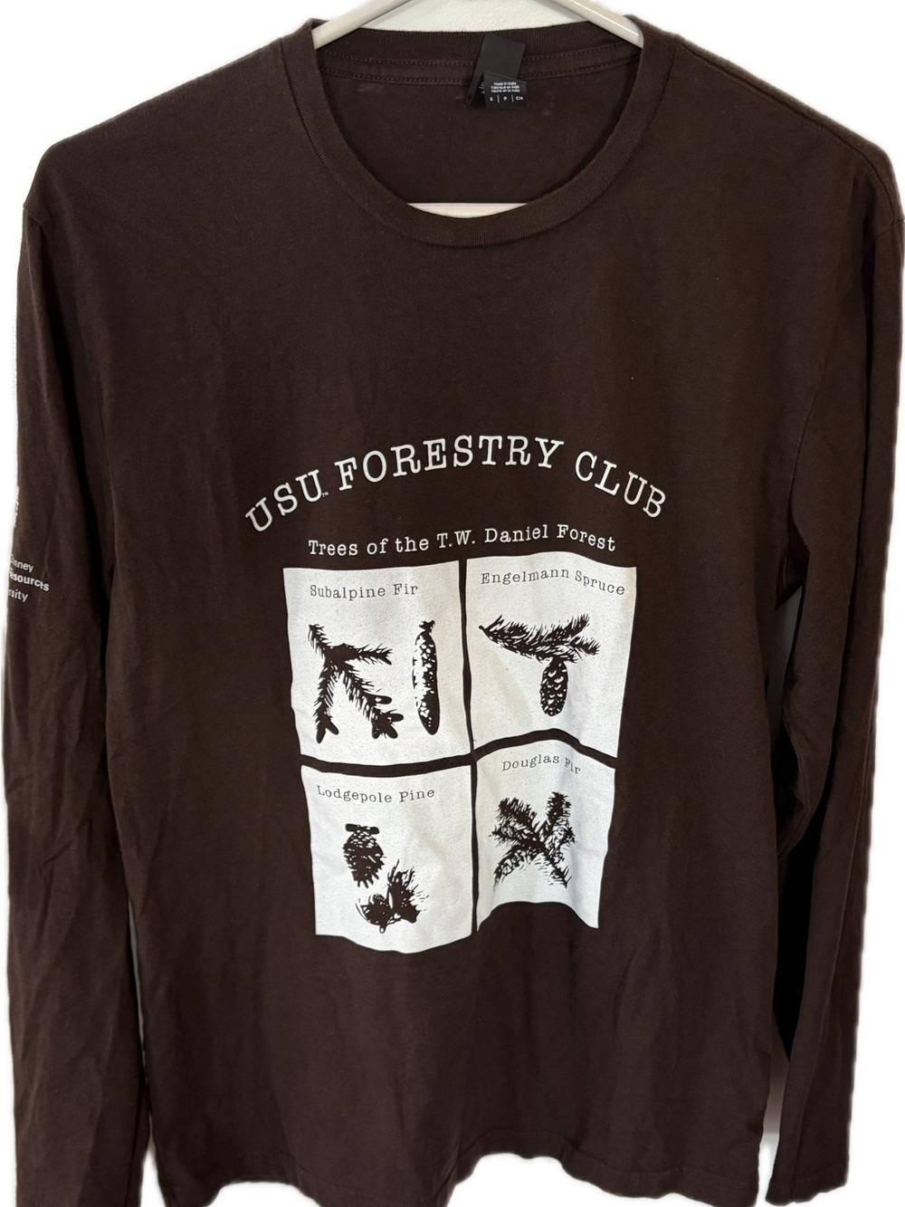 USU Forestry Club Long-Sleeve Tee in Brown with Botanical White Graphics